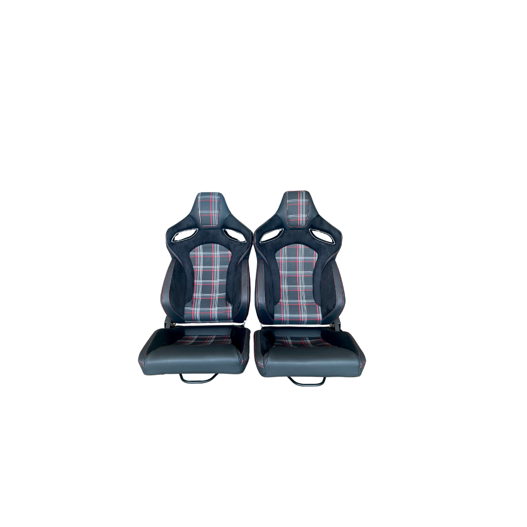 Reclinable Racing Seats - GTI Style Tartan Design Black Suede + PVC (Pair)