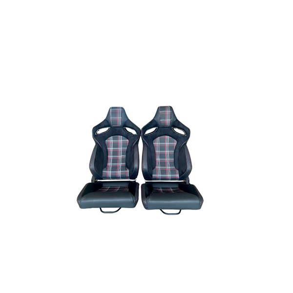 Reclinable Racing Seats GTI Style Tartan Design Black Suede PVC P