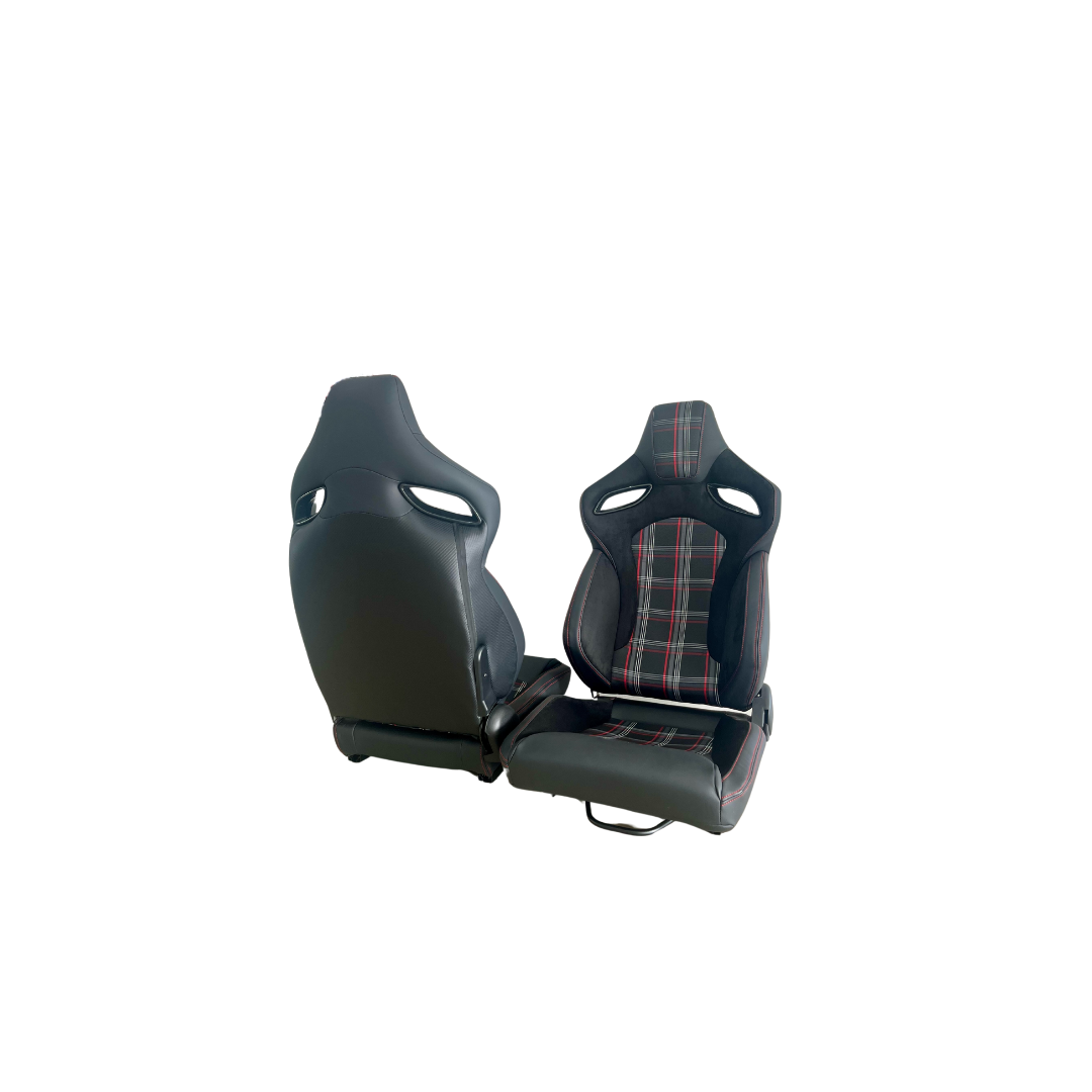Reclinable Racing Seats - GTI Style Tartan Design Black Suede + PVC (Pair)