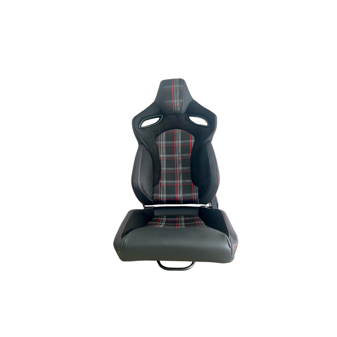 Reclinable Racing Seats - GTI Style Tartan Design Black Suede + PVC (Pair)